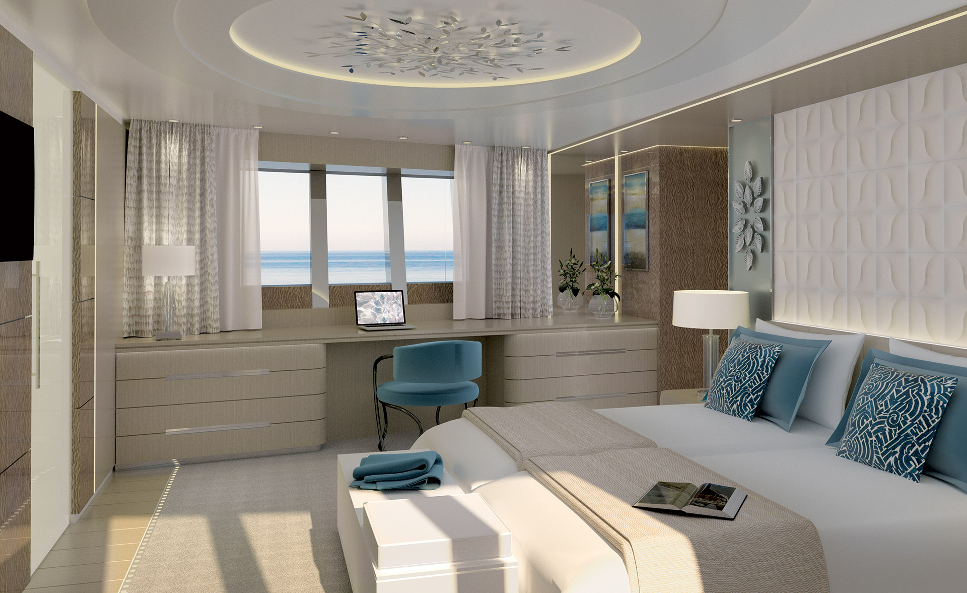 Master Suite du yacht OCEA 125 XP par l’agence Borella Art Design
